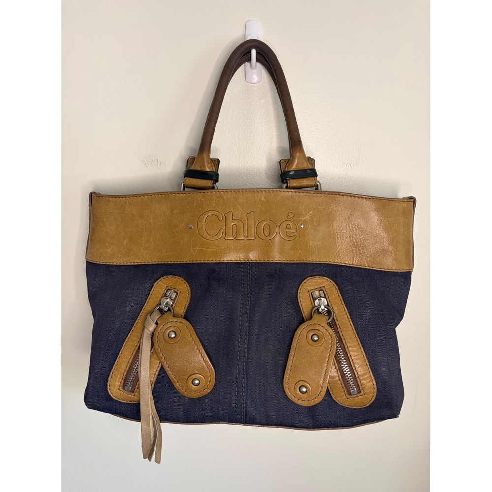 Chloe Denim and Leather Zip Front Tote Bag Blue Tan Brown Embossed Logo Y2K Chic